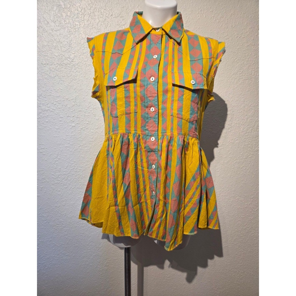 Ivy Jane Womens Yellow Geometric Stripe Peplum Sleeveless Button Down‎ Top S
